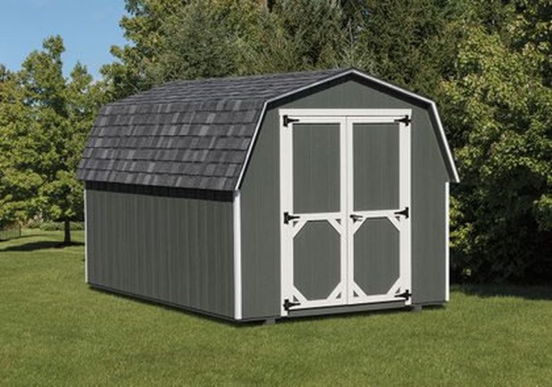 10x16 Garden Style Quaker, Clay siding, Navajo White trim, Weatherwood rood, Shown With Optional Extra Transom Double Doors